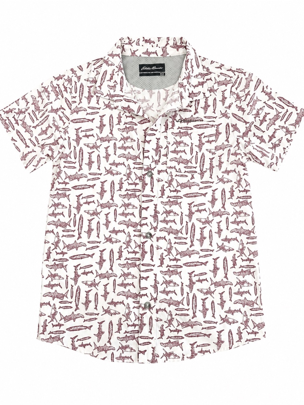 Eddie Bauer Boys Shark Print Button-Up Shirt Size 8 Beach Vacation Hawaiian